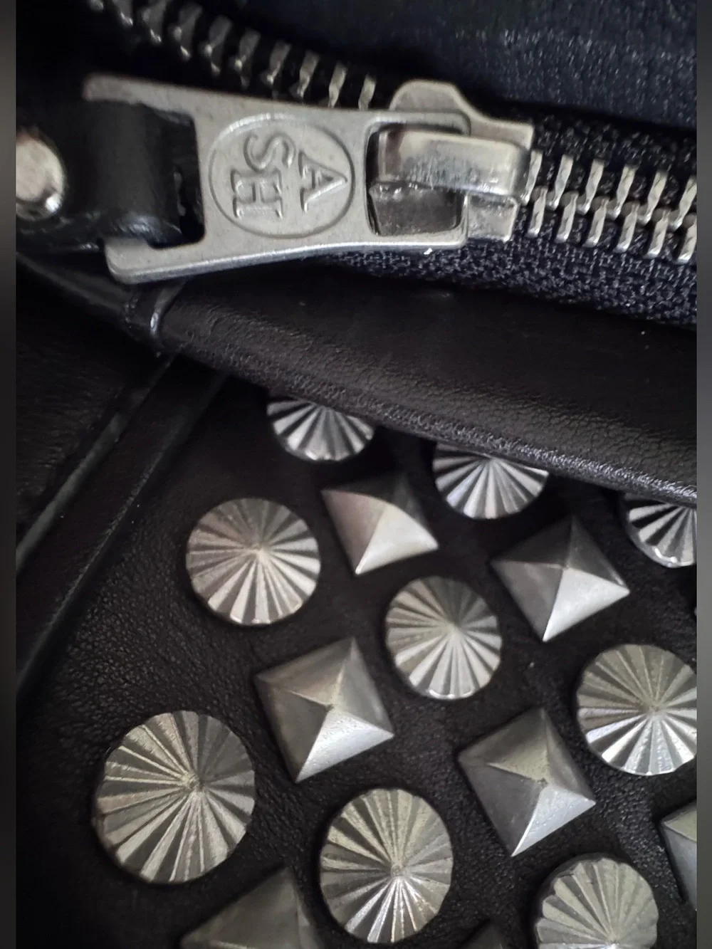 Ash Black Real Leather Fold-Over Clutch with Silver Studded Panel